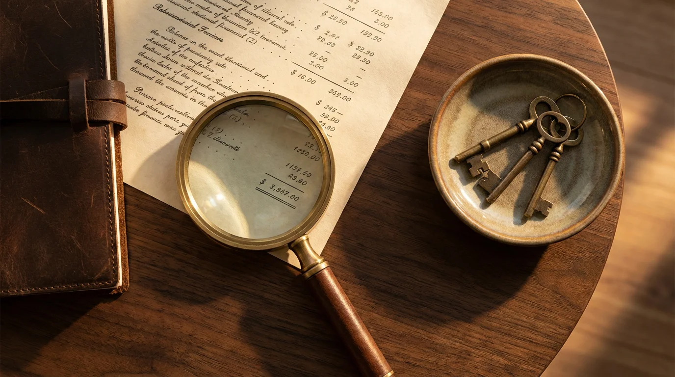 Flat lay of magnifying glass over a document with keys and a journal.