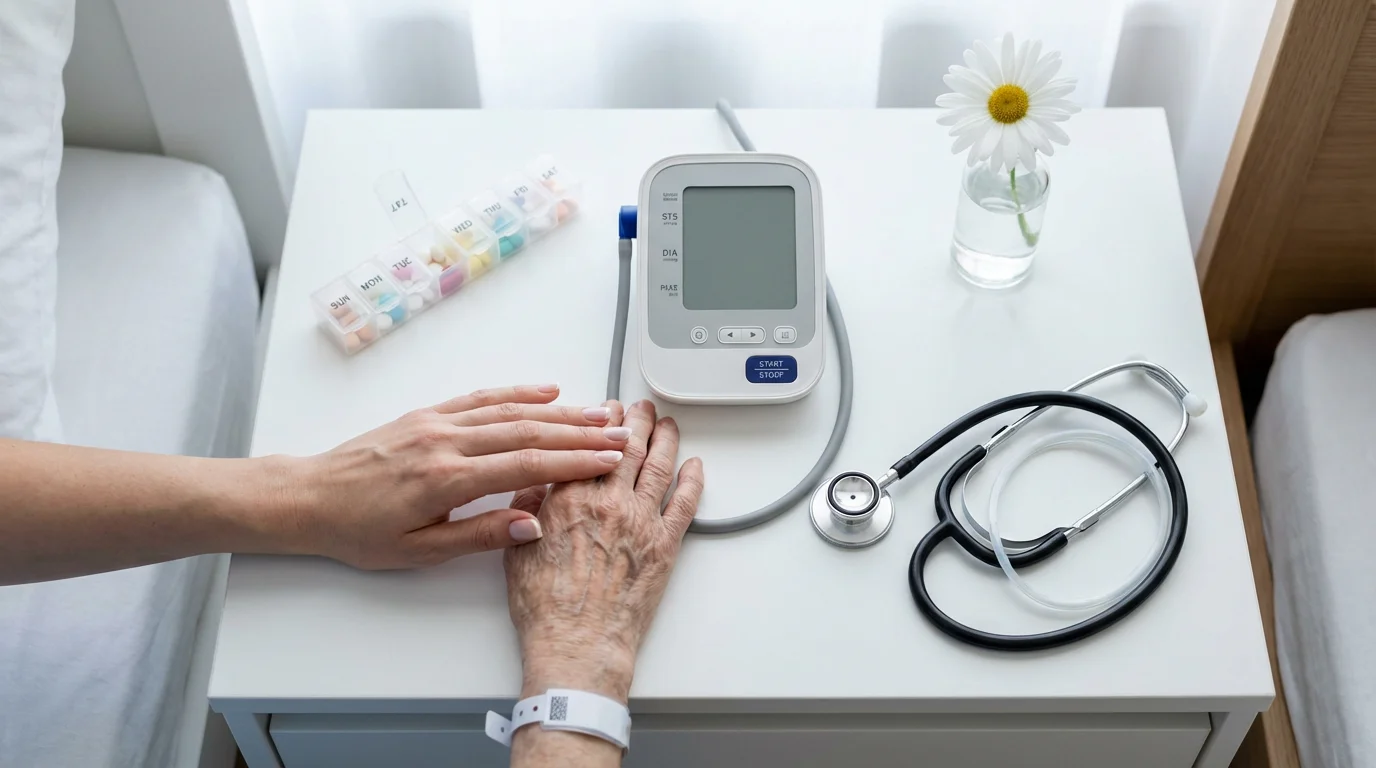 Flat lay of medical equipment and a caregiver's hand on a resident's wrist.