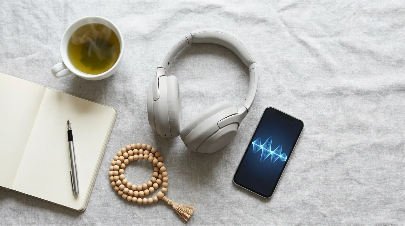 Flat lay of mindfulness items including headphones, a teacup, a journal, and meditation beads.