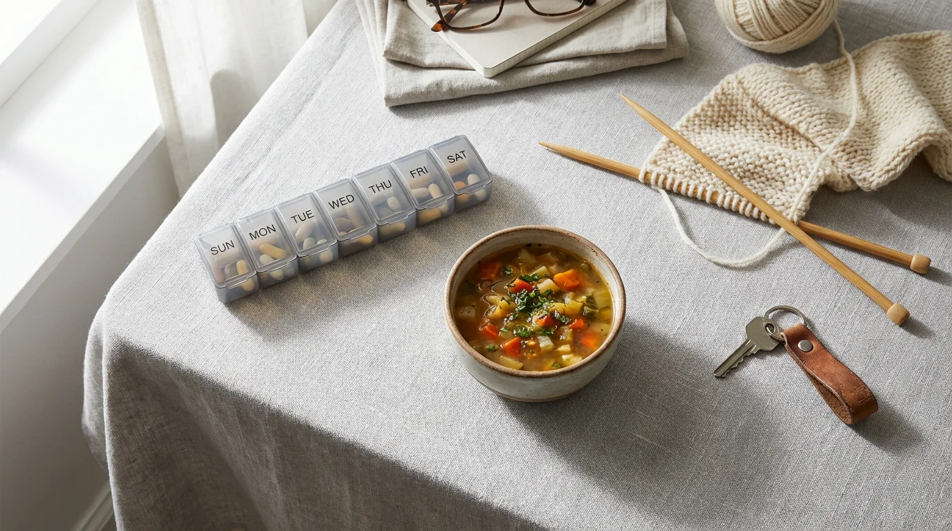 Flat lay of personalized senior care items: pill organizer, healthy soup, and knitting project.