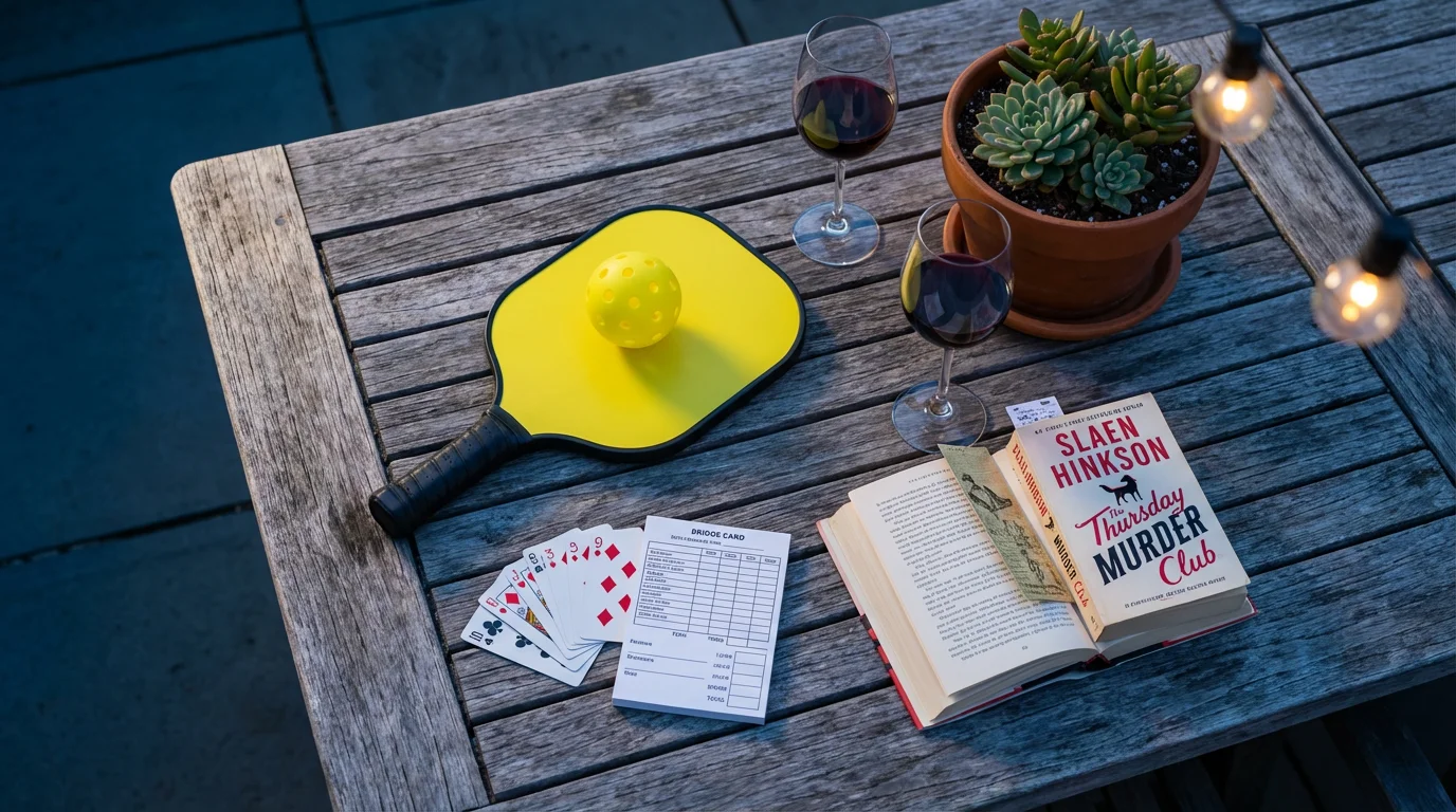 Flat lay of pickleball paddle, cards, and wine glasses representing active community living.