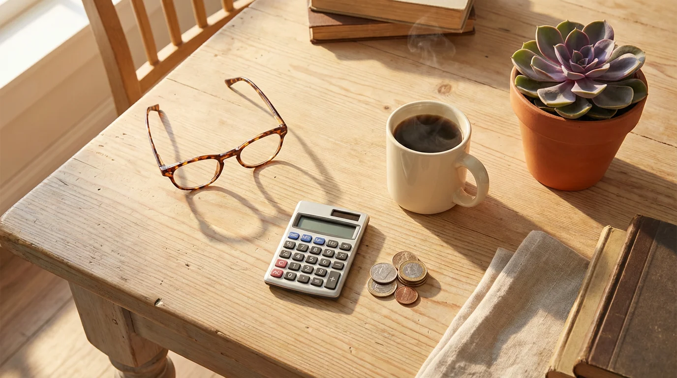 Flat lay of reading glasses, calculator, and coffee representing senior budget-friendly living.
