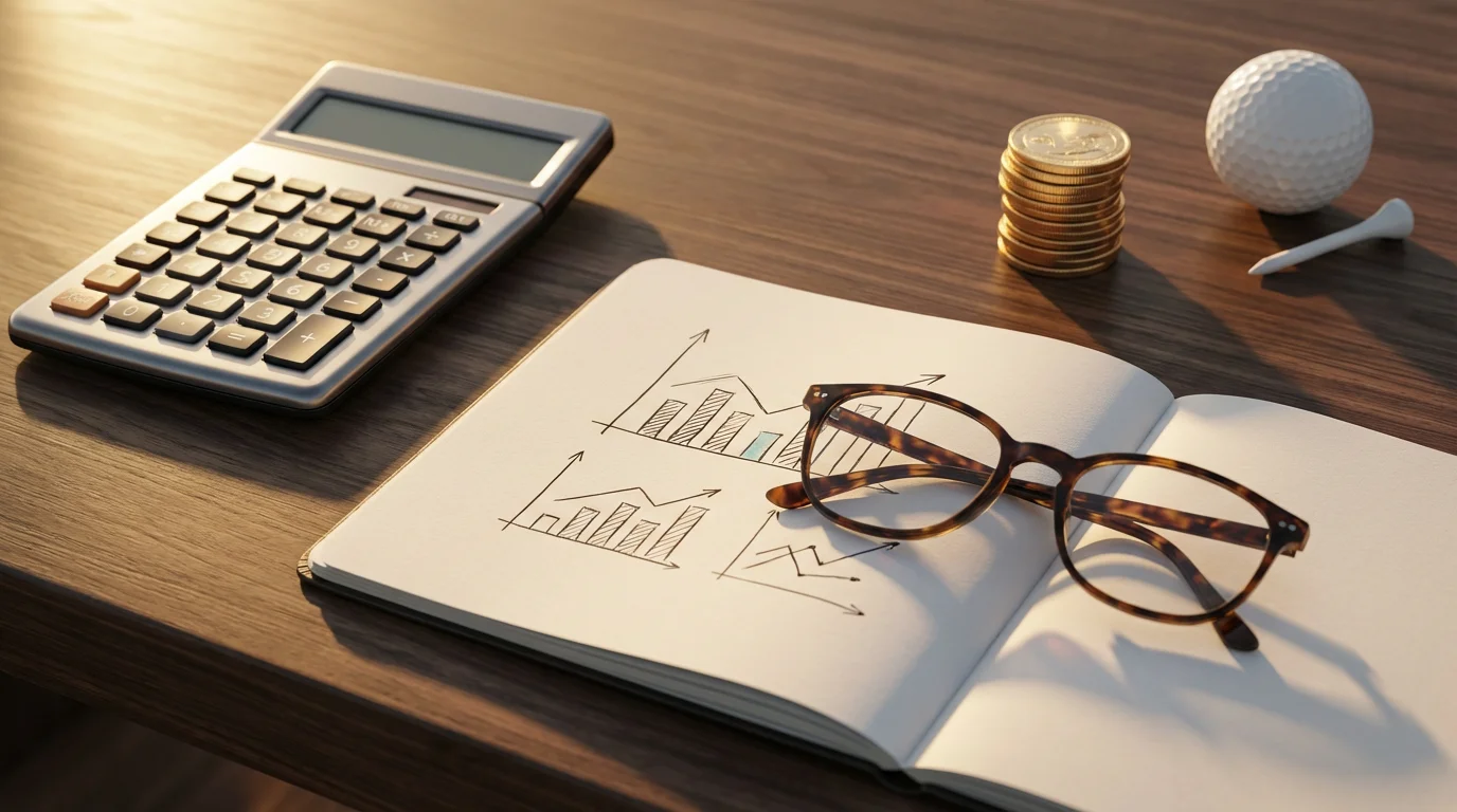 Flat lay of retirement financial planning items with a golf ball in warm light.