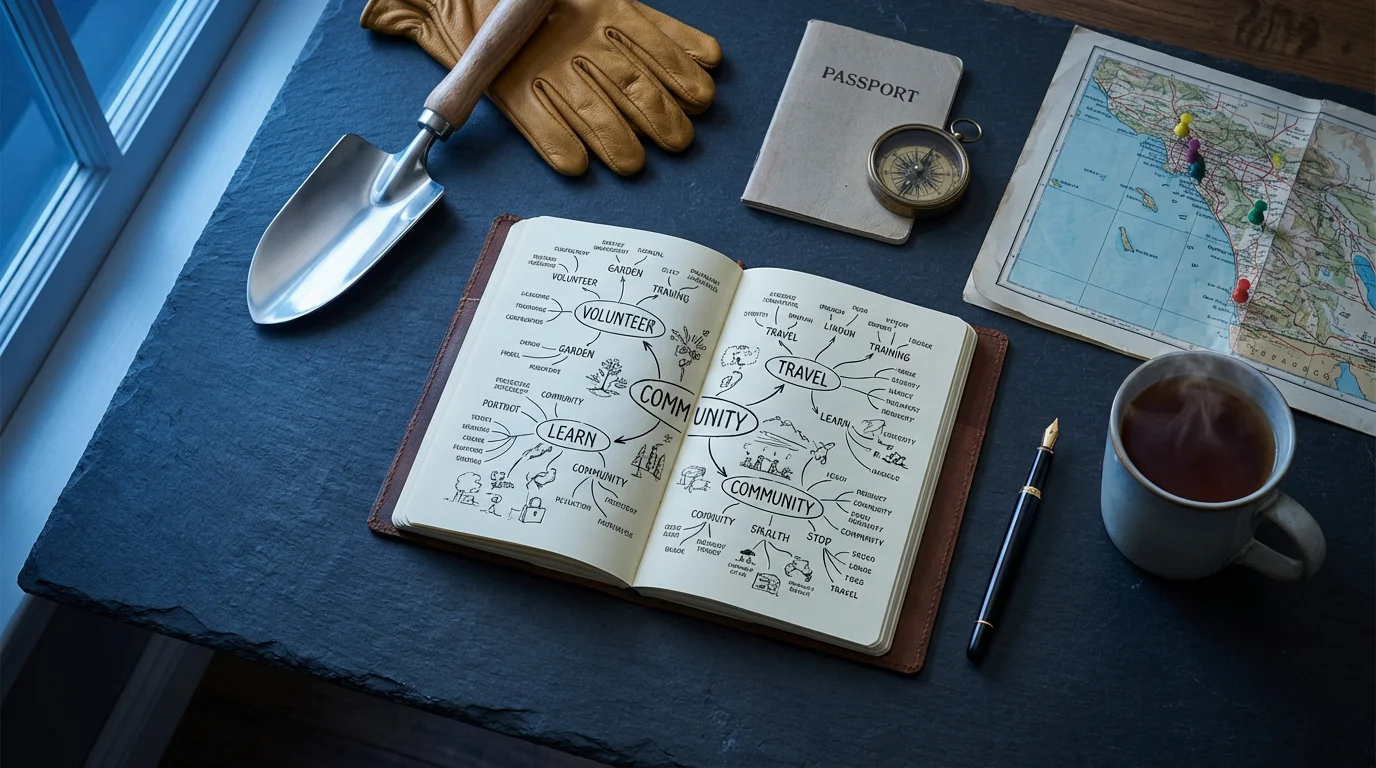 Flat lay of retirement planning items like a notebook, map, passport, and gardening tools.