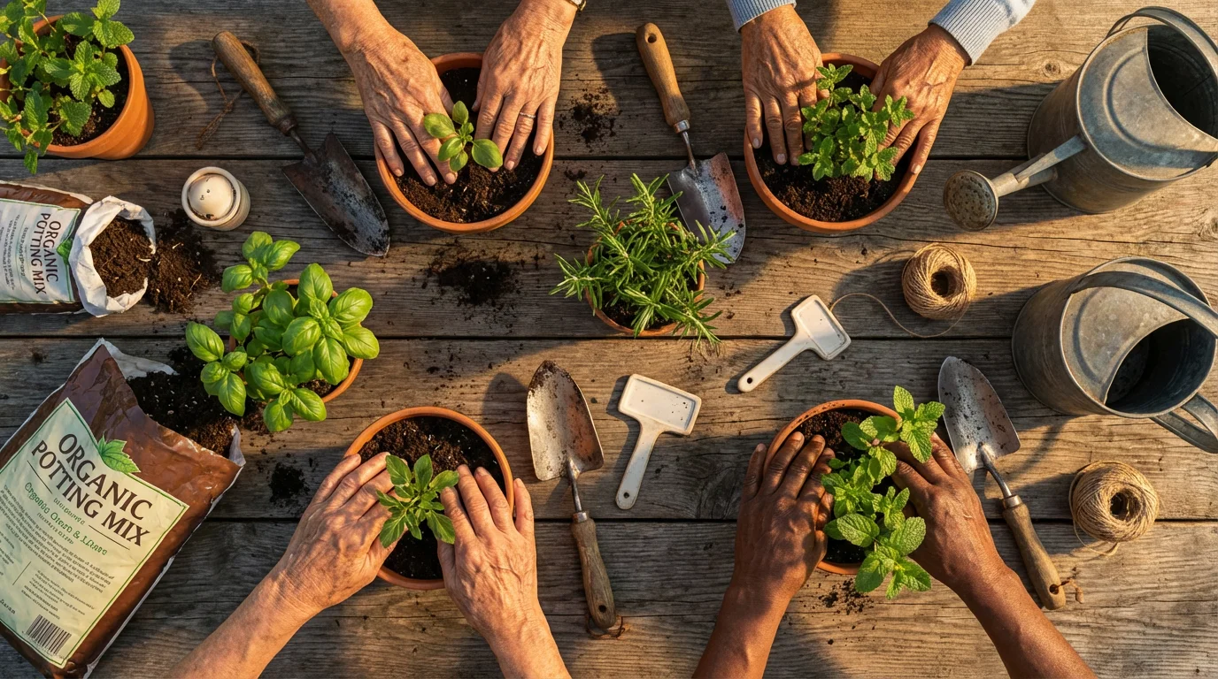 Flat lay of senior hands participating in a community gardening club at golden hour.