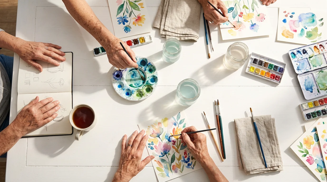 Flat lay of seniors' hands engaged in a community watercolor painting class.