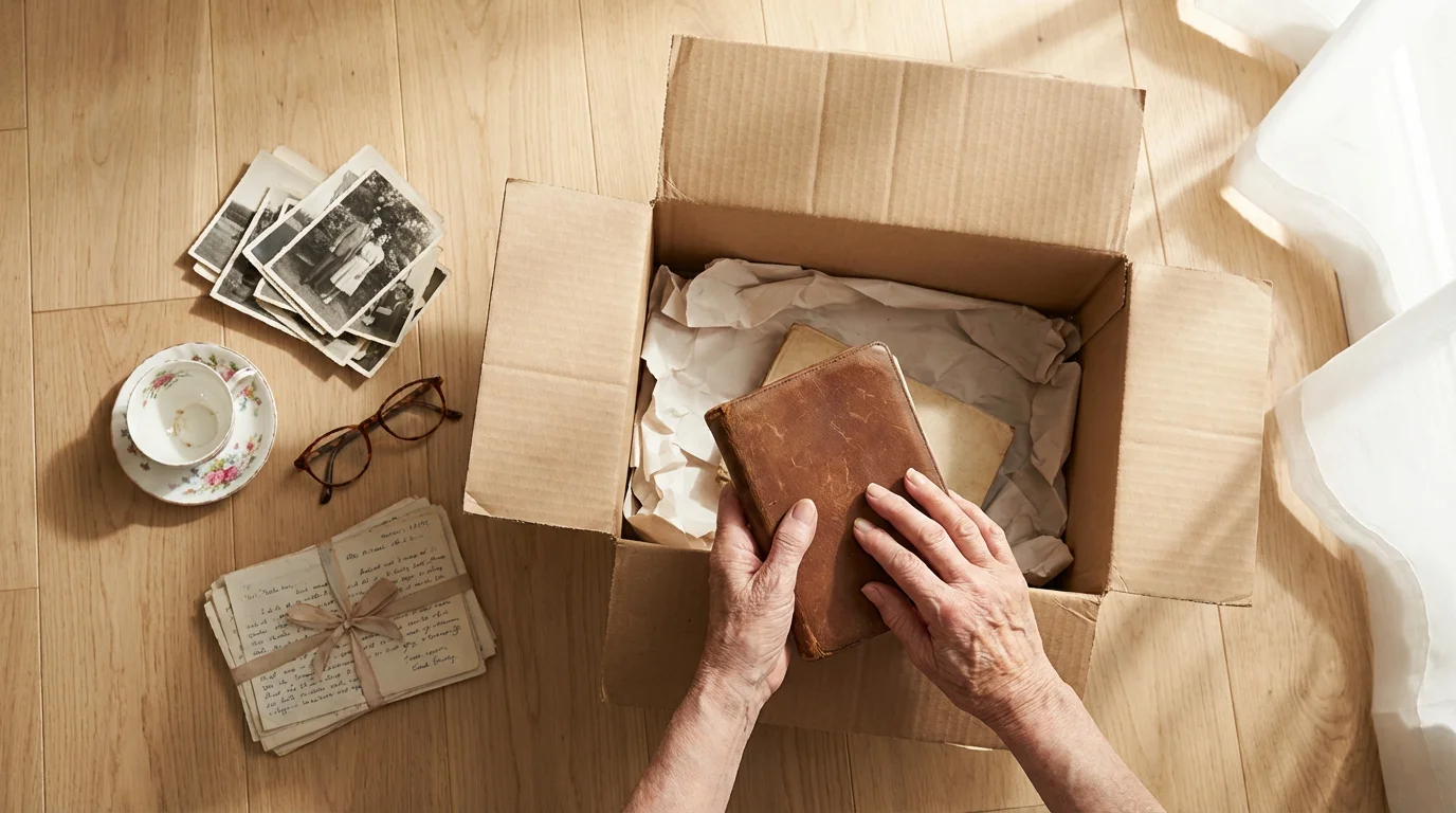 Flat lay of senior's hands packing sentimental items and old photographs into a moving box.
