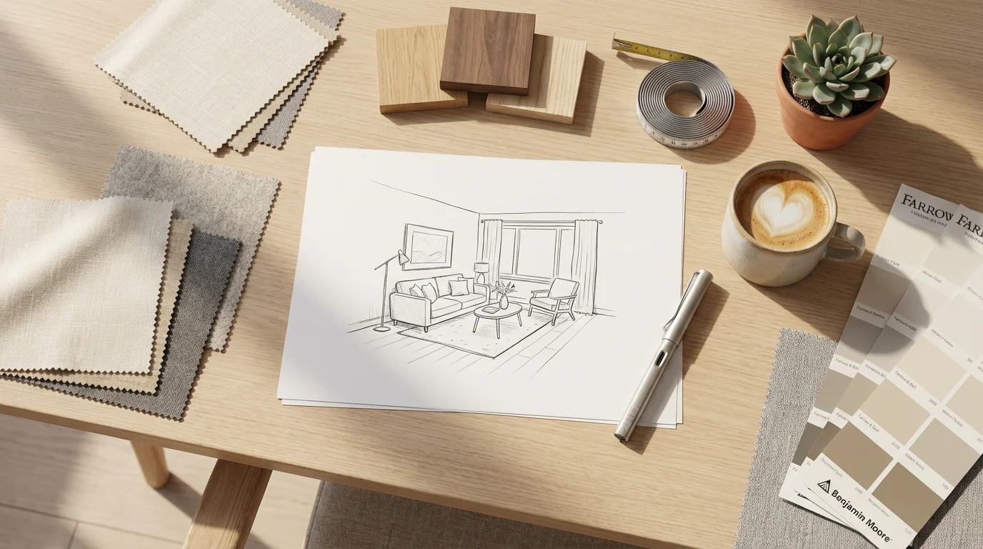 Flat lay of small living room design plans with fabric swatches and coffee.