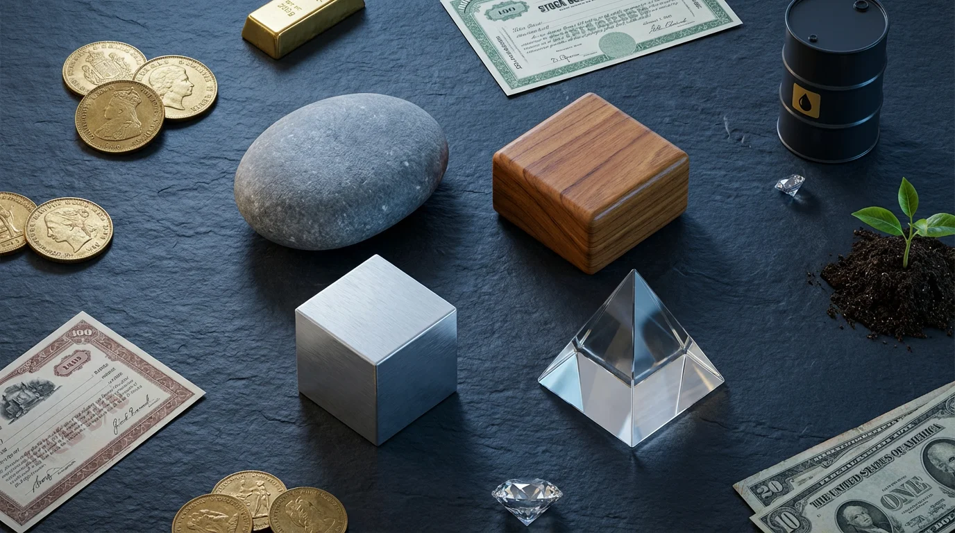 Flat lay of stone, wood, metal, and crystal objects representing retirement portfolio components.