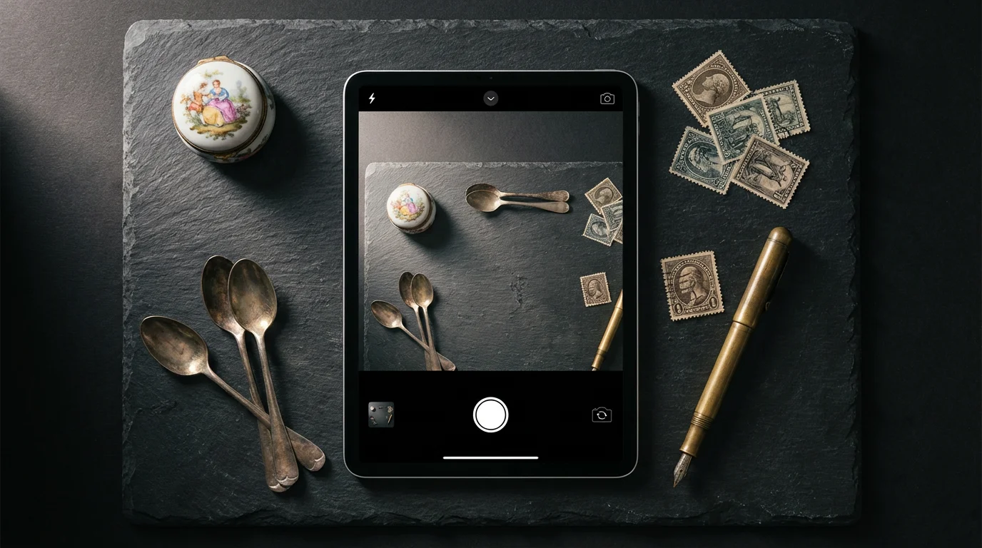 Flat lay of vintage heirlooms being photographed with a tablet for an online sale.