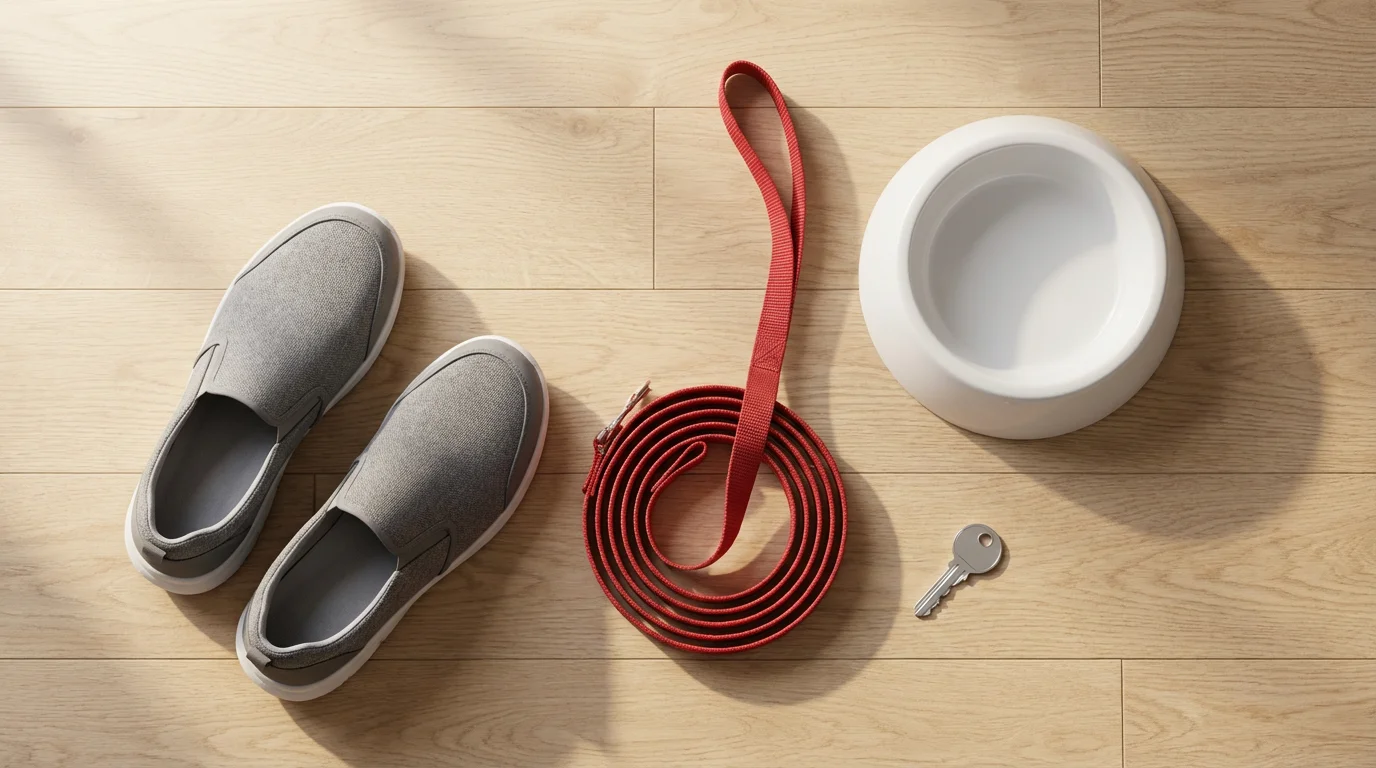 Flat lay of walking shoes, a dog leash, a pet bowl, and a key.