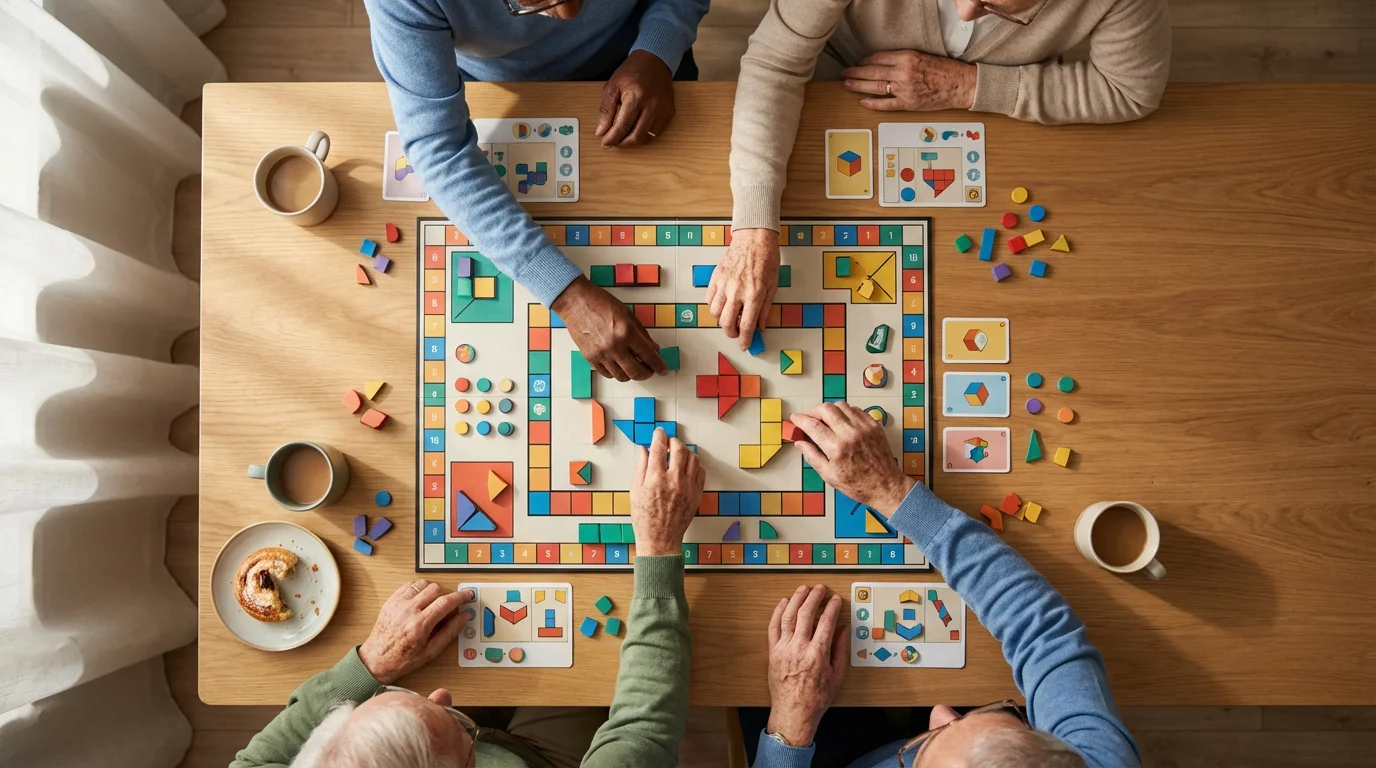 Flat lay photo of diverse seniors' hands playing a colorful modern board game.
