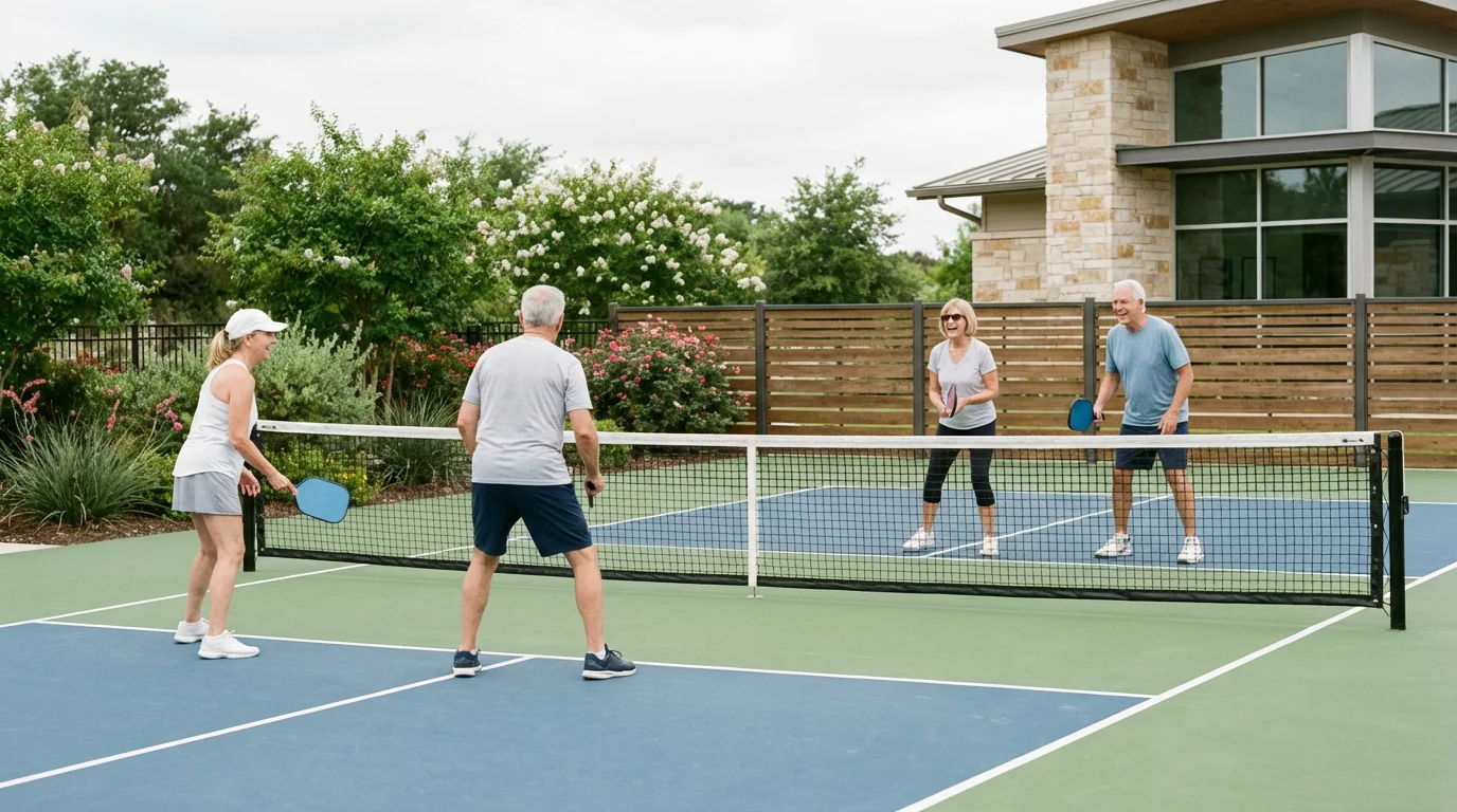 Four active seniors enjoy a game of doubles pickleball on a beautiful community court.