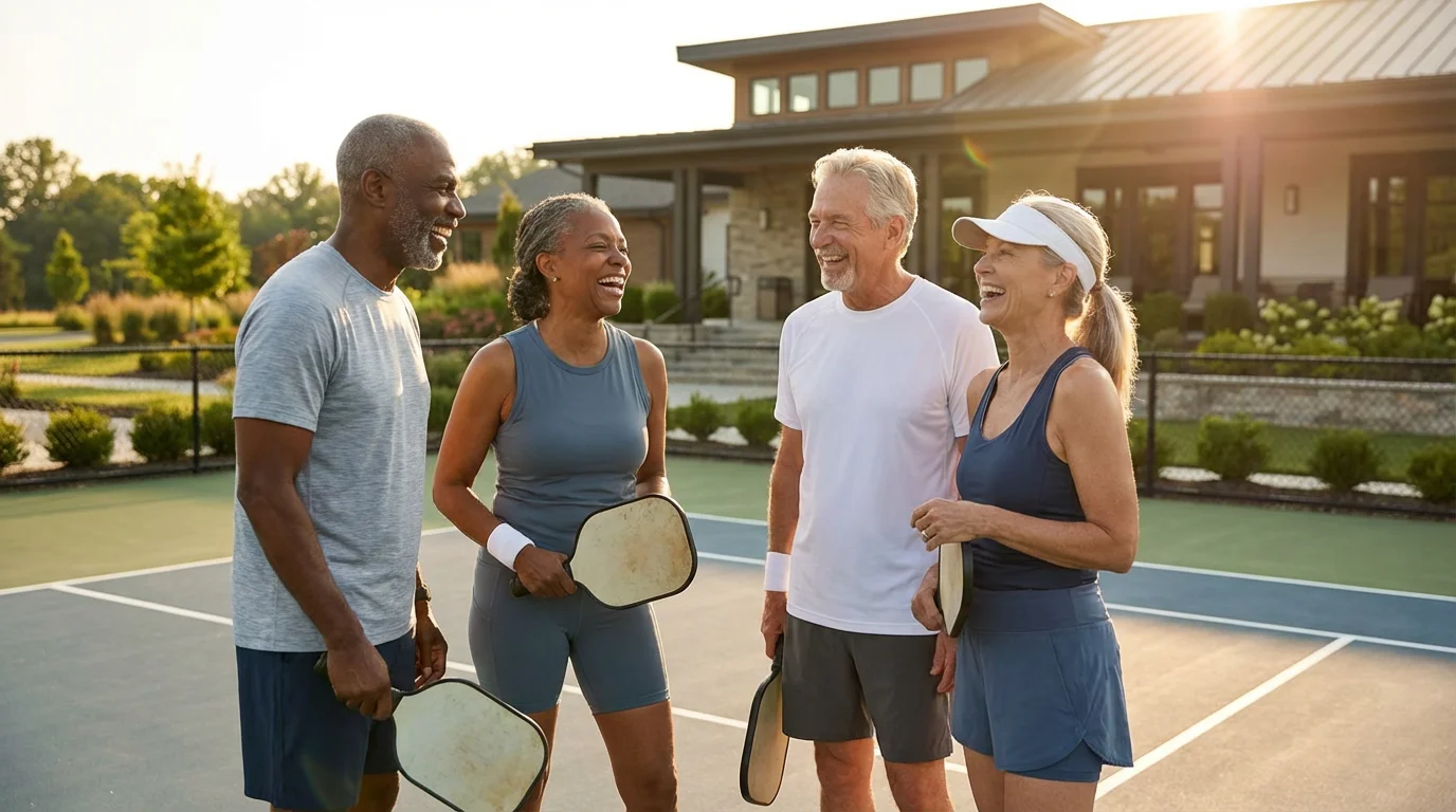 Four active seniors laughing together on a community pickleball court at sunset.