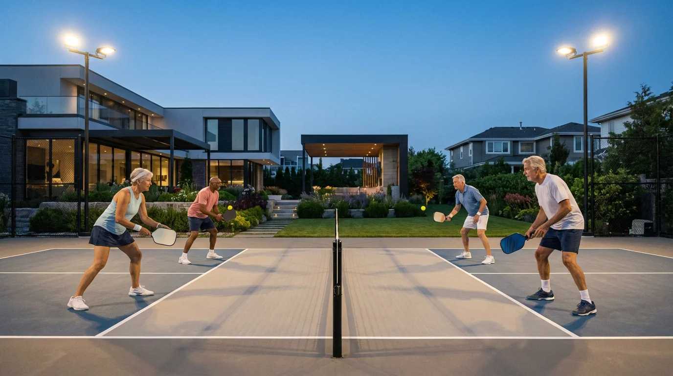 Four active seniors playing an exciting pickleball match on an outdoor court at twilight.