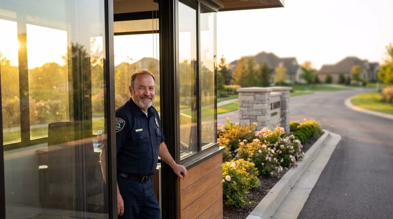 Friendly security guard at the entrance of a 55+ community during a warm sunset.