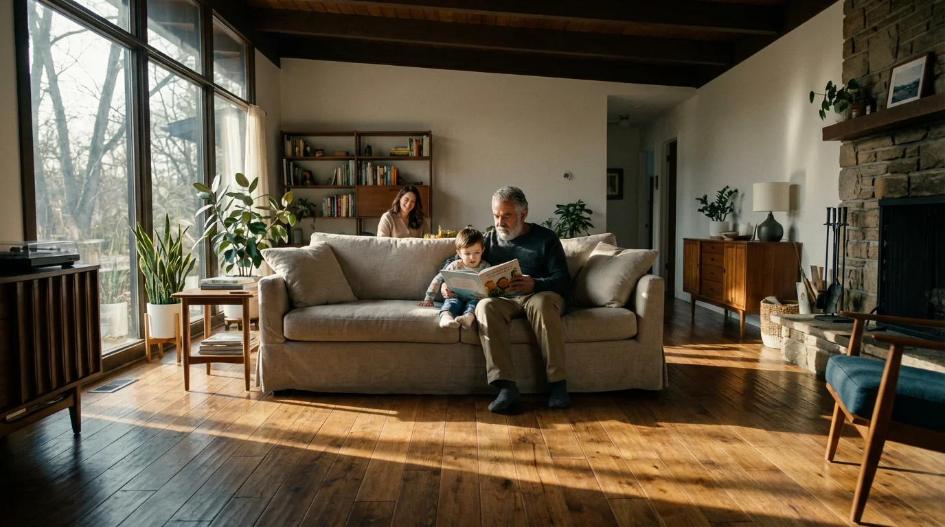 Grandfather reading to his grandchild in a spacious living room as a parent watches.