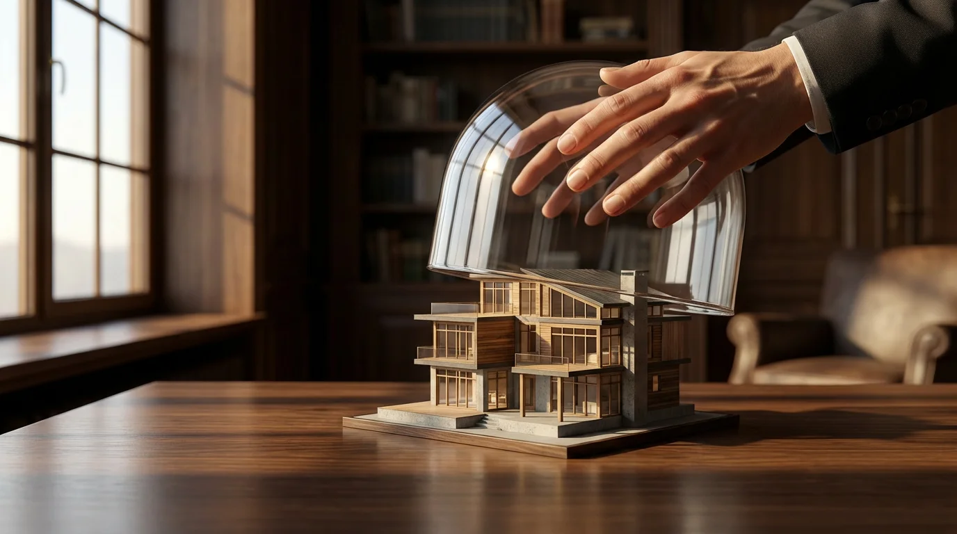 Hands carefully protecting a miniature house model under a glass display case on a desk.