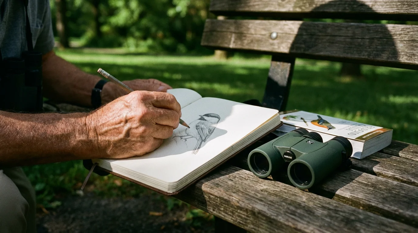 Hands sketching a bird in a journal on a park bench with binoculars nearby.
