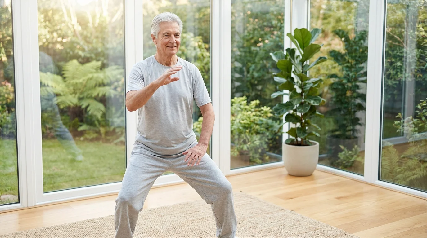 Healthy senior man practicing tai chi in a bright, modern sunroom with morning light.