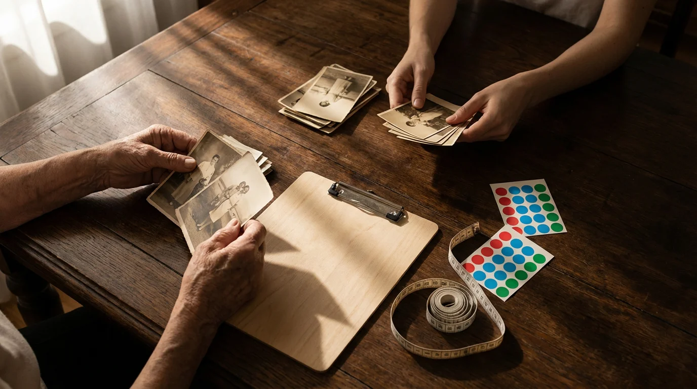 High angle flat lay of a professional organizer helping a senior sort photographs.