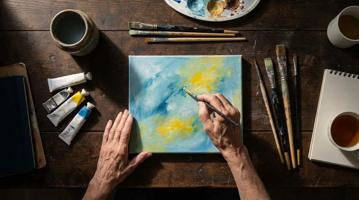High angle flat lay of a senior person's hands painting on a canvas.