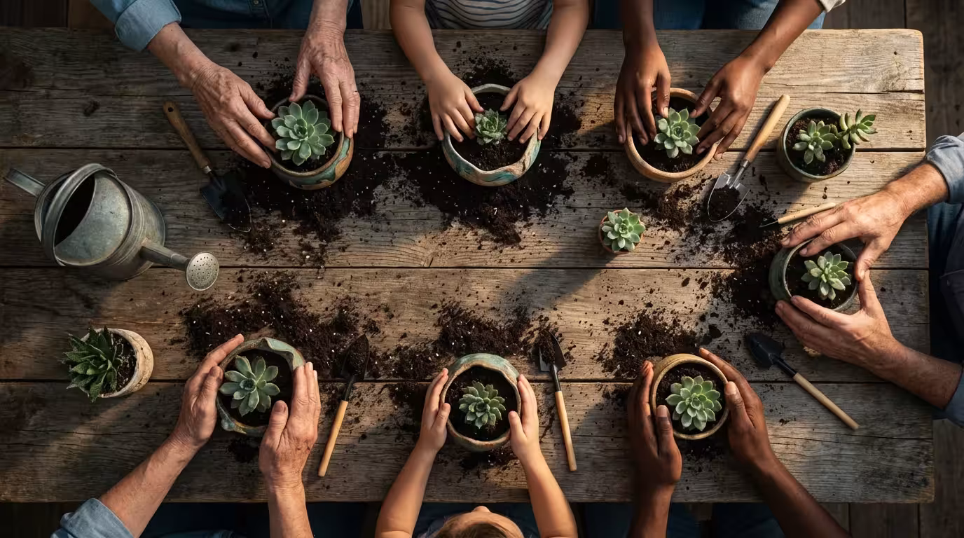 High angle flat lay of diverse hands independently potting small succulent plants on a wooden table.