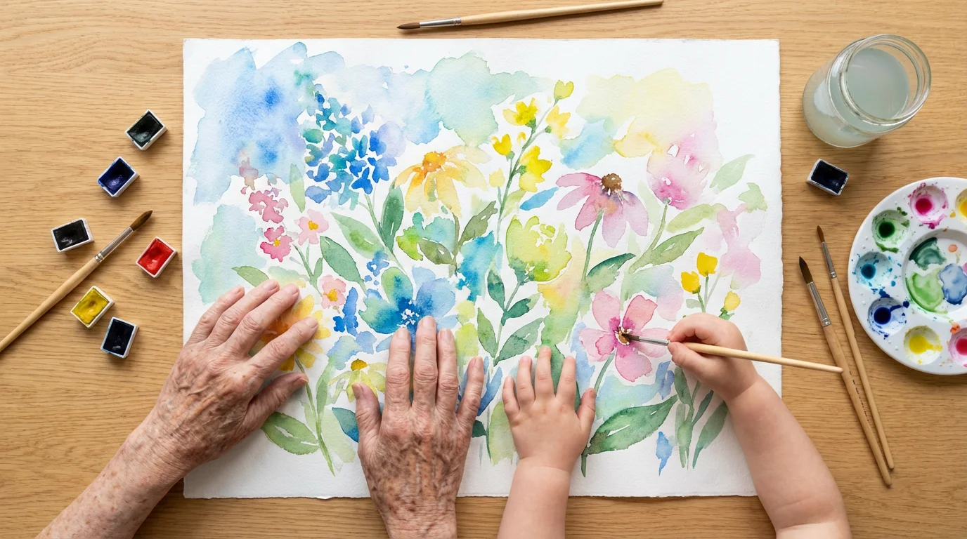 High-angle flat lay of elderly and child's hands painting a watercolor floral scene together.