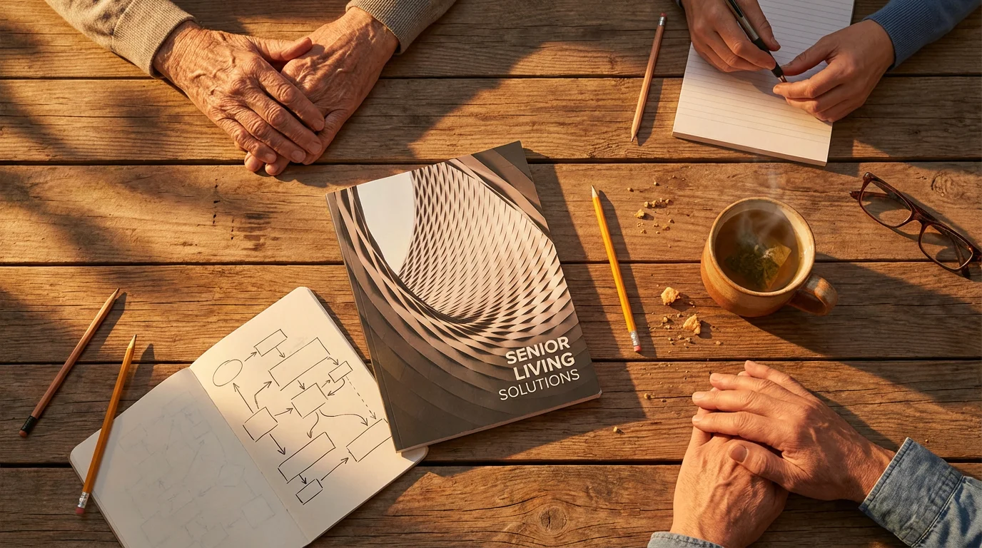 High angle flat lay of hands around a table with notepad and brochures.