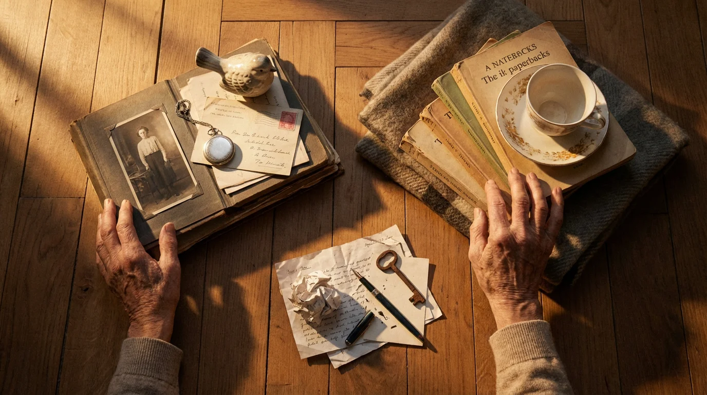 High angle flat lay of hands sorting personal belongings into keep and donate piles.