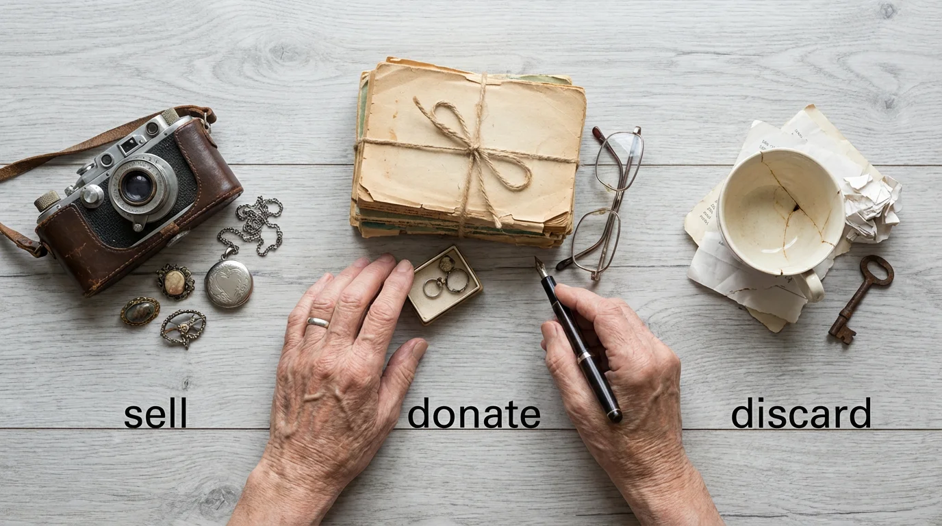 High angle flat lay of hands sorting personal items like a camera and books.