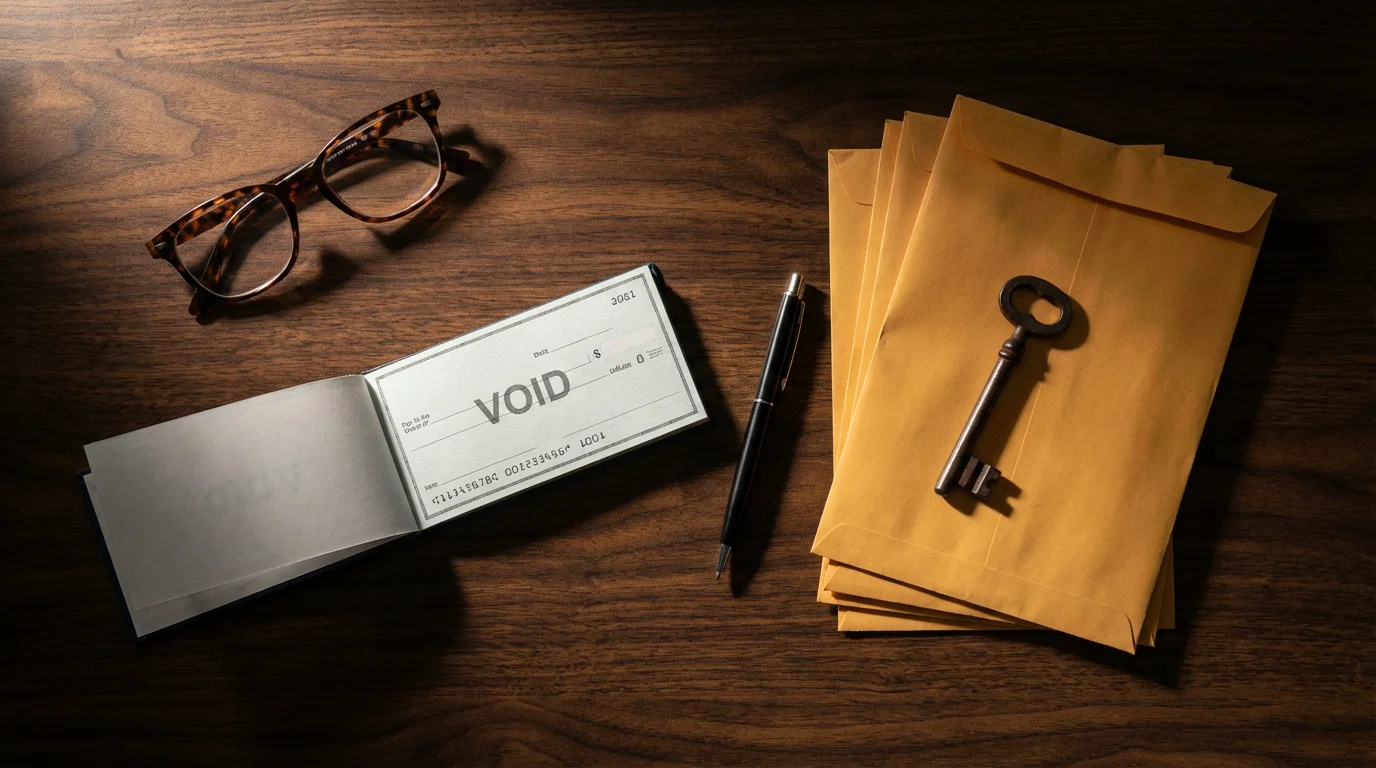 High angle flat lay of reading glasses, a checkbook, and envelopes with long shadows.