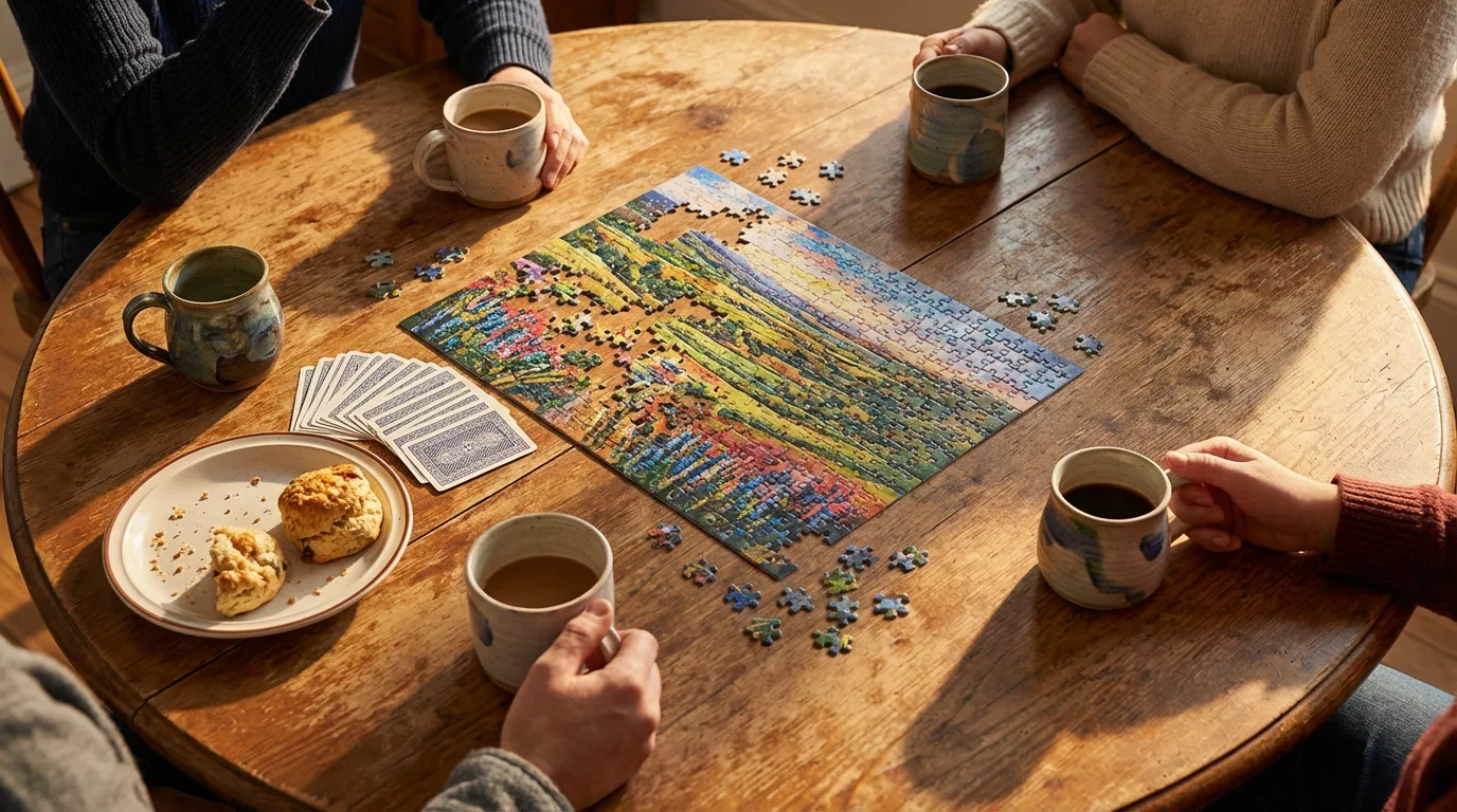 High angle photo of a shared puzzle, coffee, and cards on a wooden table.
