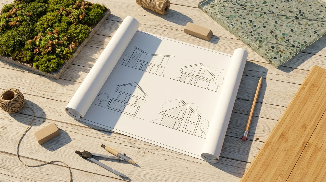 High-angle shot of architectural blueprints and sustainable building materials at golden hour.