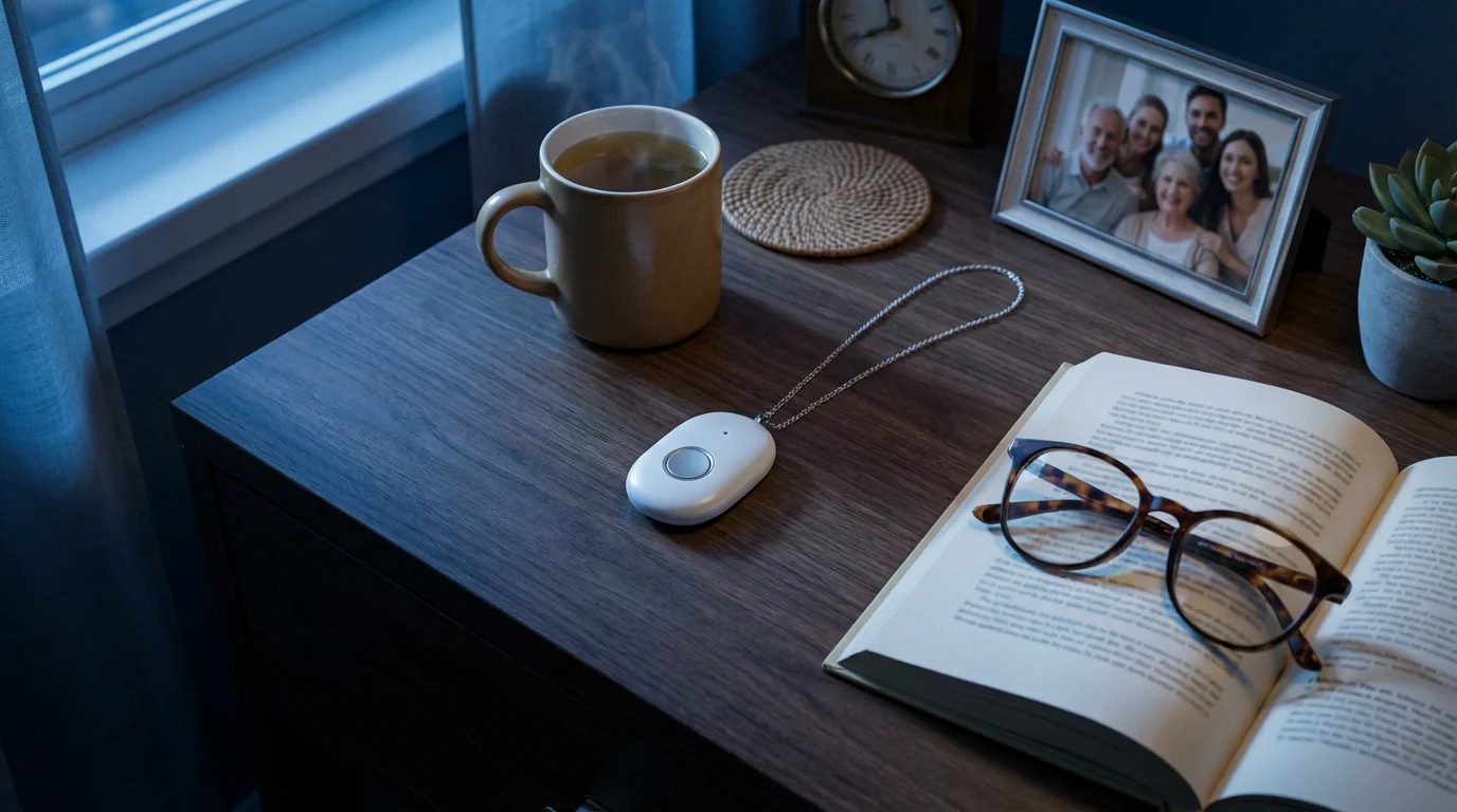 High angle shot of personal emergency alert pendant, tea, and book at dusk.
