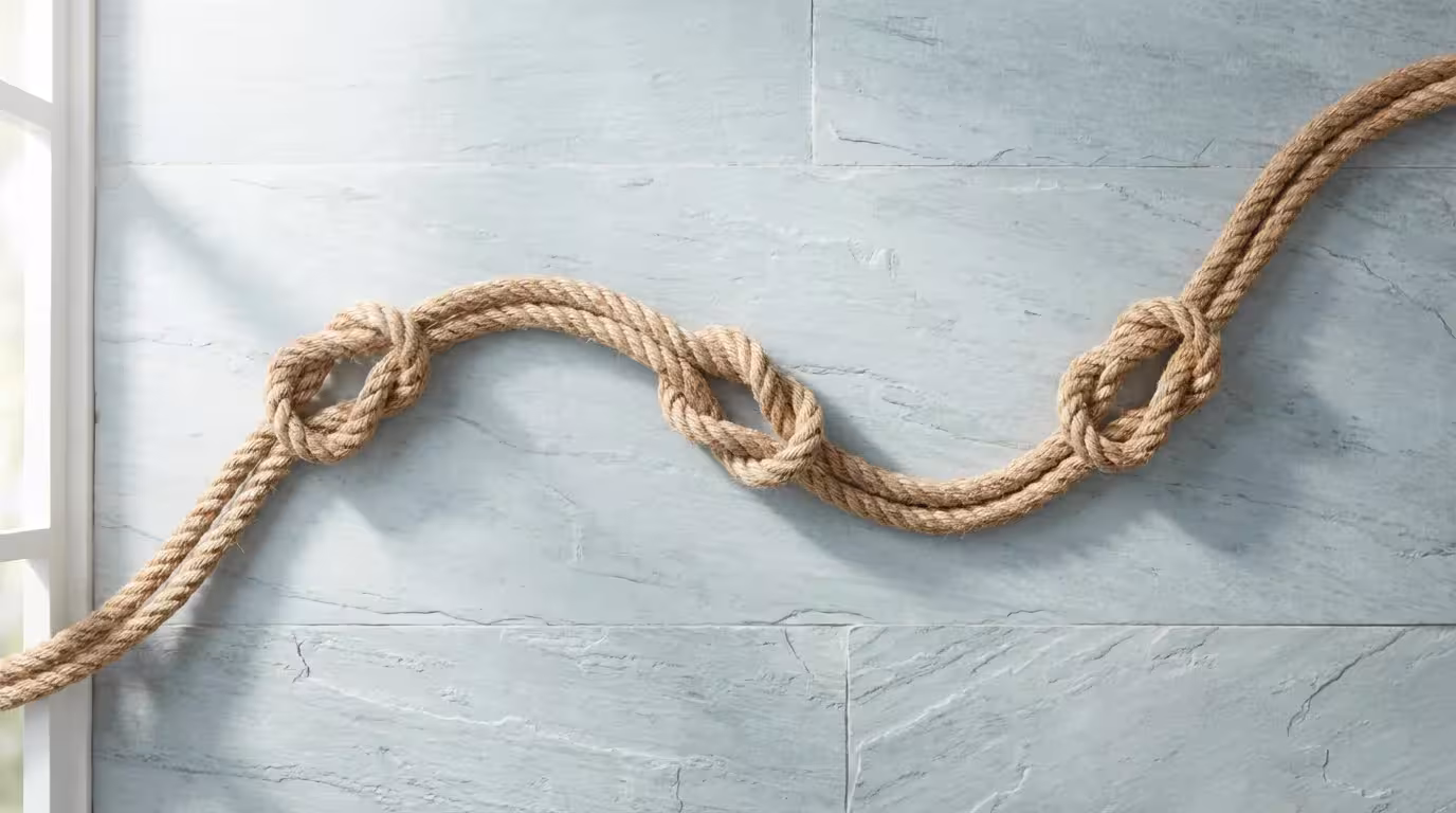 High angle view of a natural rope with three secure knots on a slate surface.