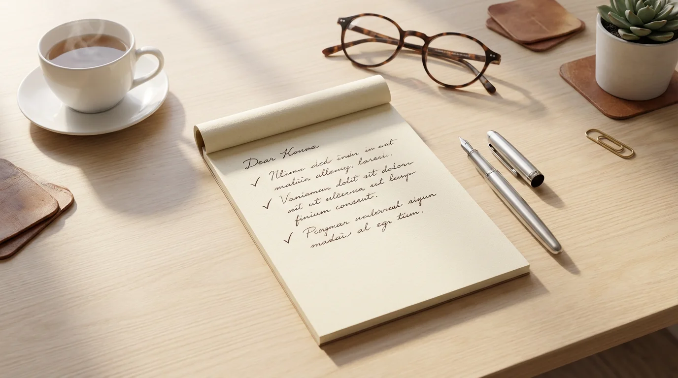 High-angle view of a notepad, pen, and glasses representing senior housing planning.