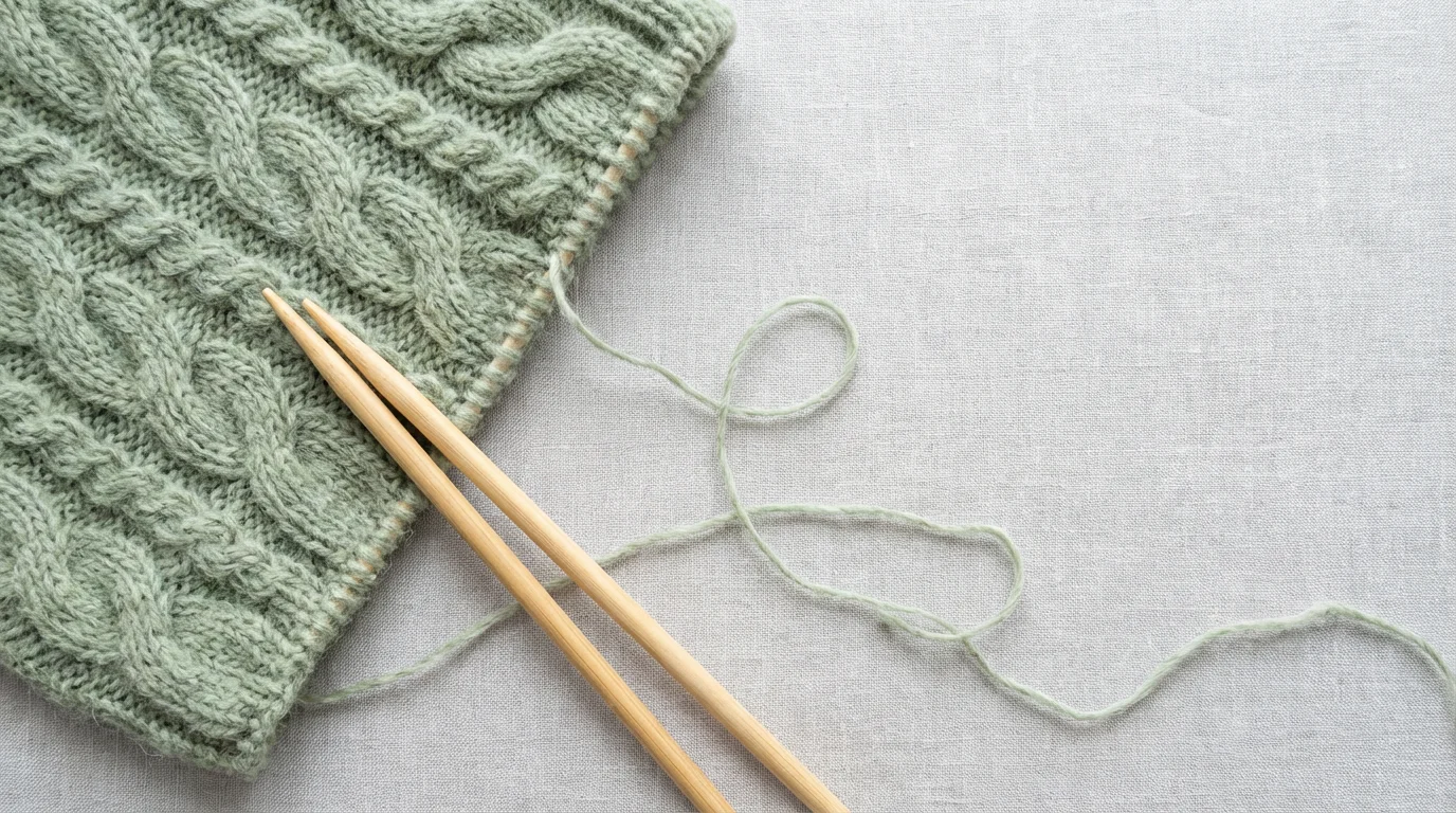 High angle view of a sage green knitted fabric partially unraveling on a linen background.