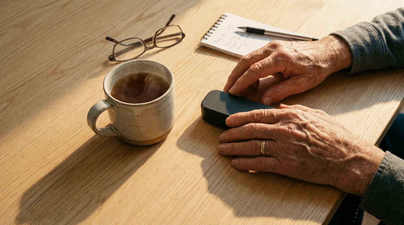 High angle view of a senior's hands reaching for a telephone on a table.