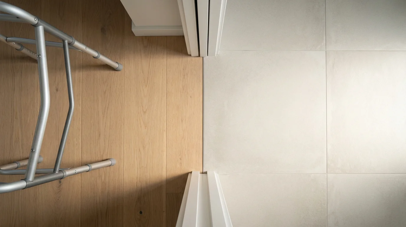 High angle view of a wide, accessible doorway with a seamless, zero-threshold floor transition.