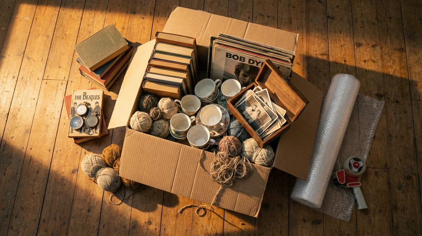 High angle view of an open moving box overflowing with personal items for downsizing.