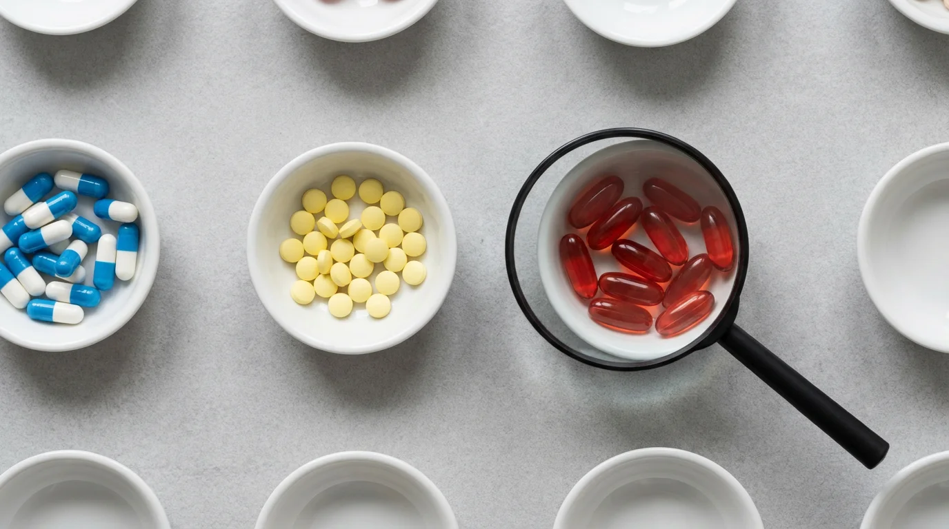 High-angle view of assorted medication pills in bowls with a magnifying glass for analysis.