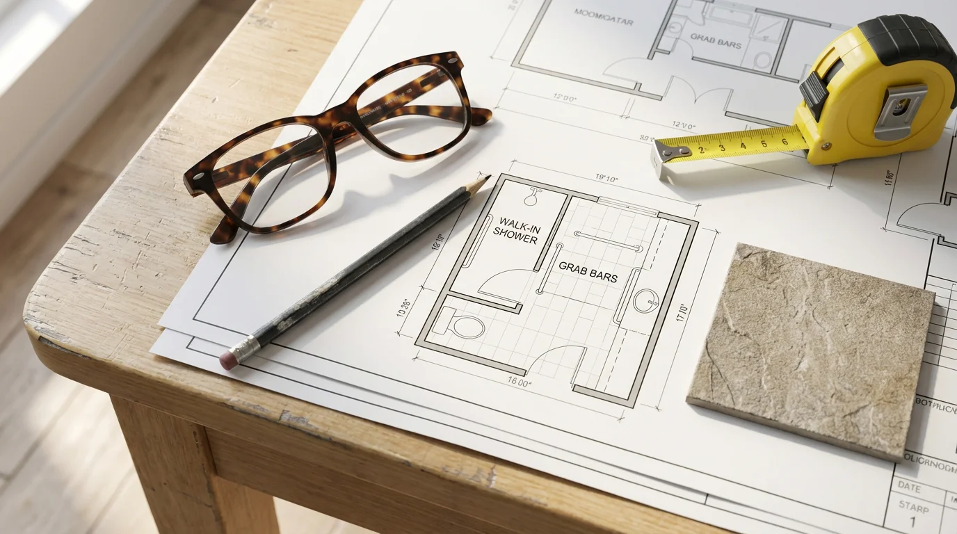 High angle view of blueprints for an accessible home remodel with glasses and tools.