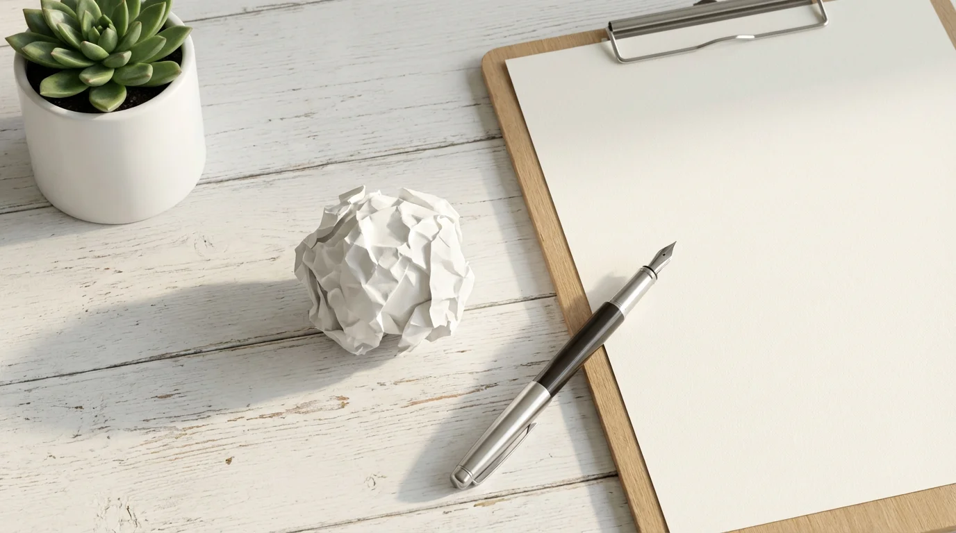 High angle view of crumpled paper next to a fresh sheet on a desk.