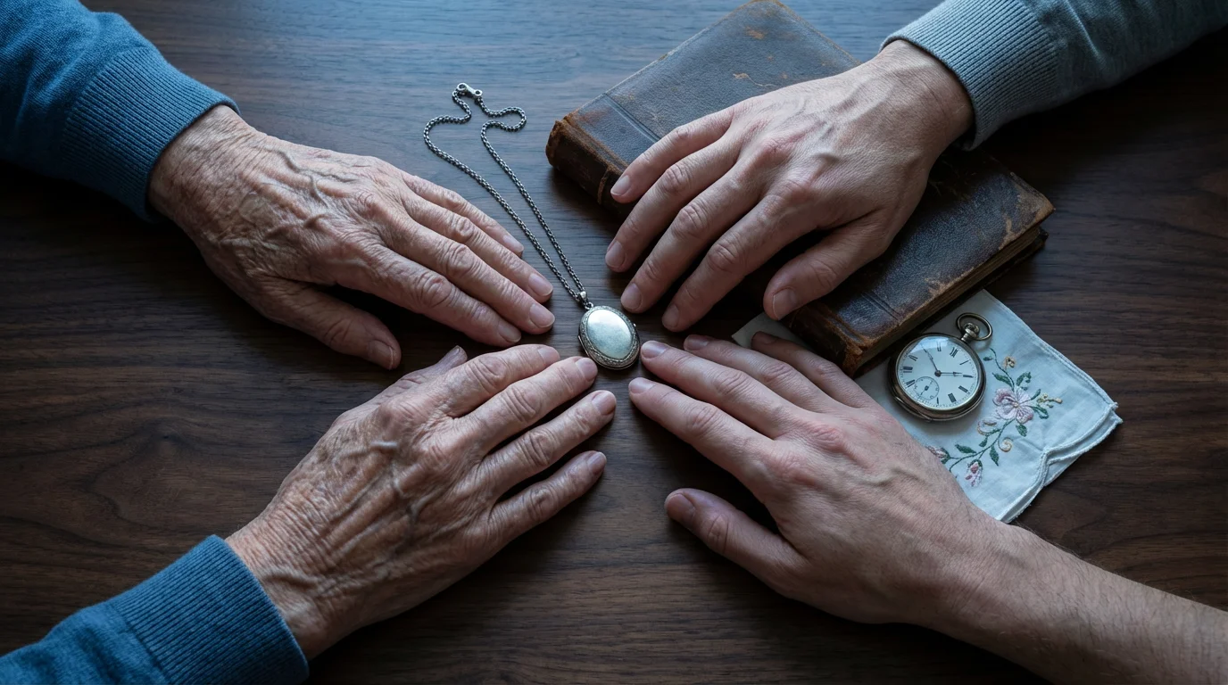High angle view of multi-generational hands touching vintage heirlooms on a wooden table.