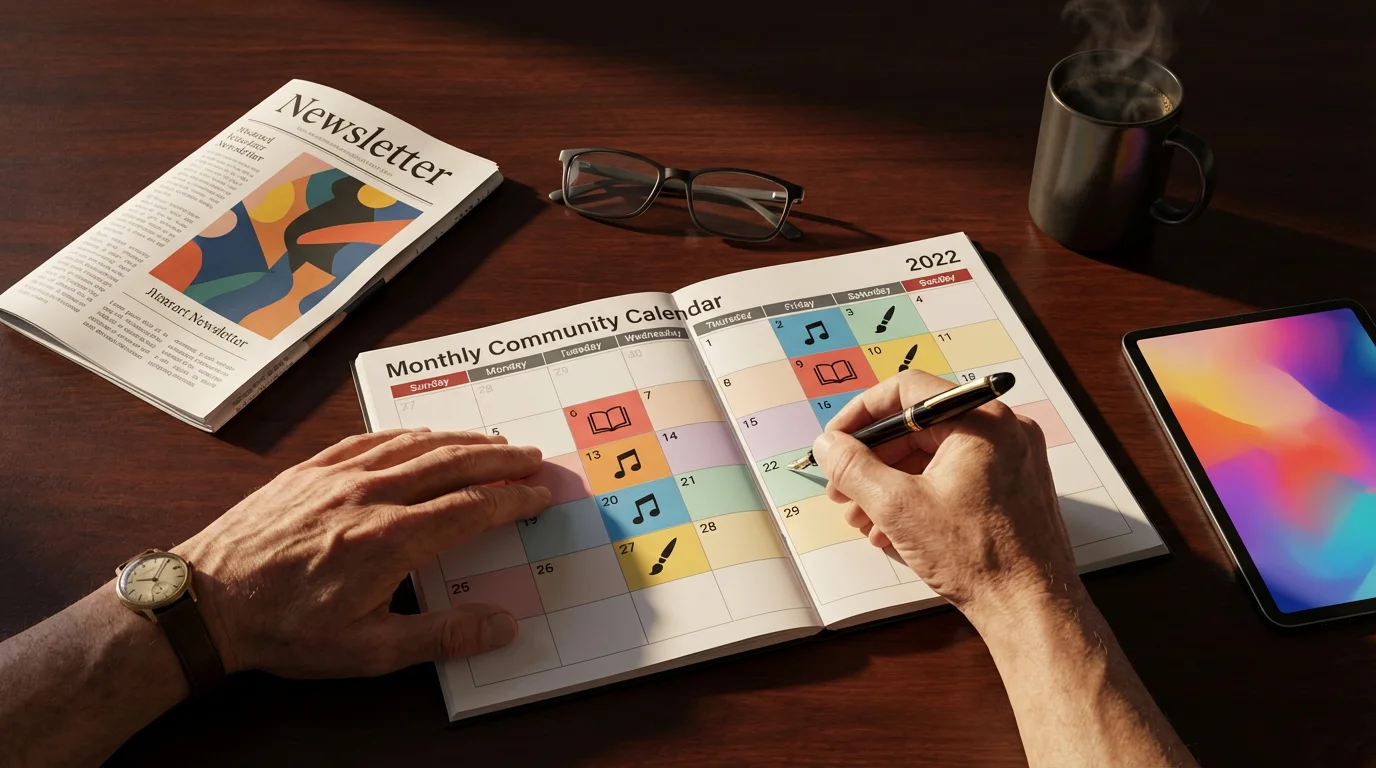 High angle view of senior hands planning activities on a community calendar with tablet.