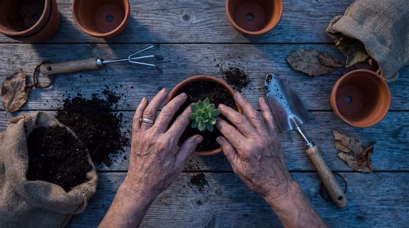 High angle view of two seniors' hands potting a small succulent plant together.