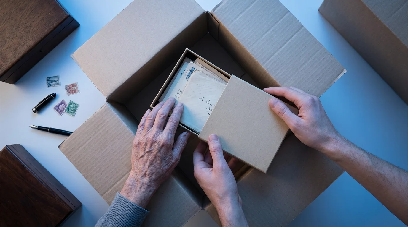High angle view of younger and older hands sorting old letters for downsizing.