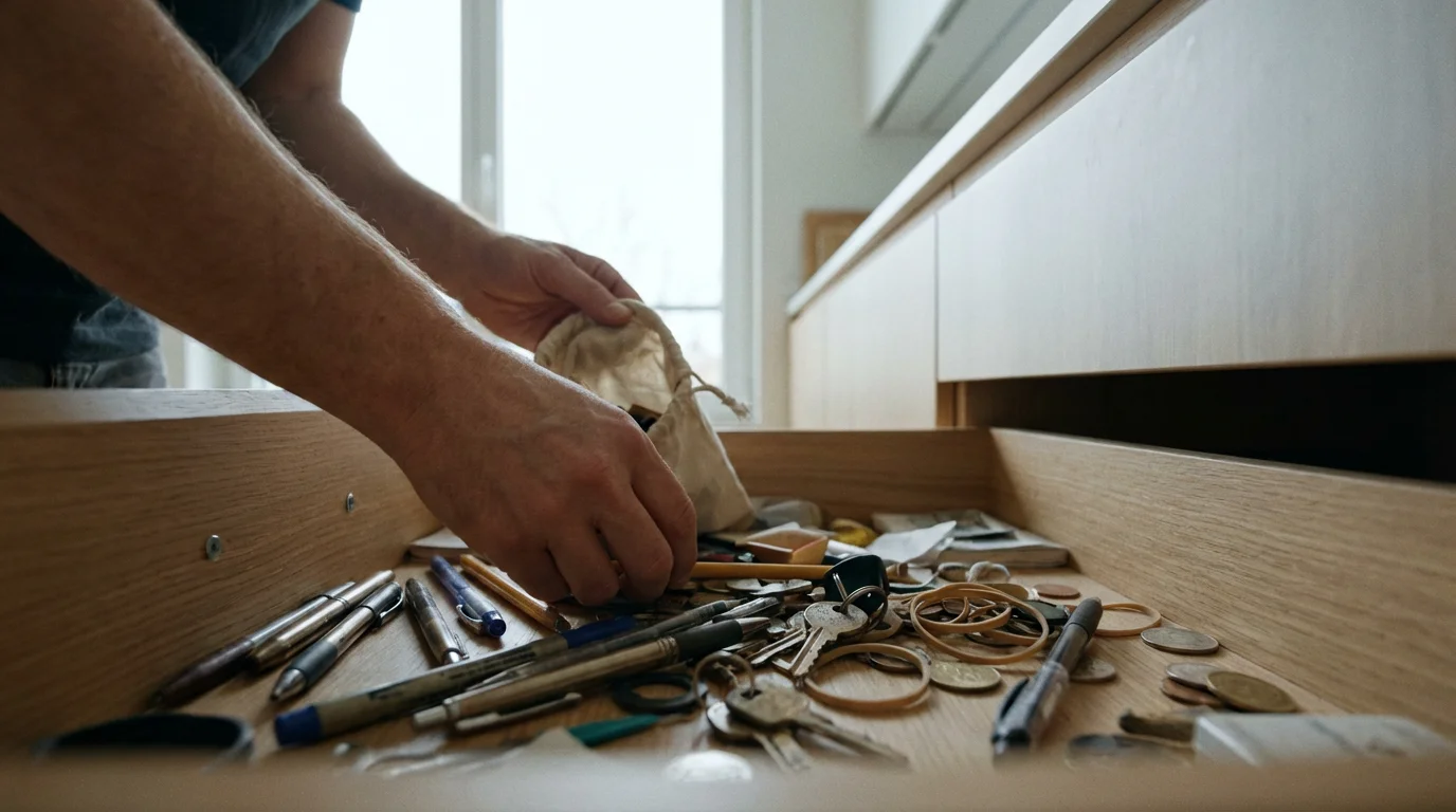 Low angle close-up of hands sorting through clutter in a kitchen junk drawer.