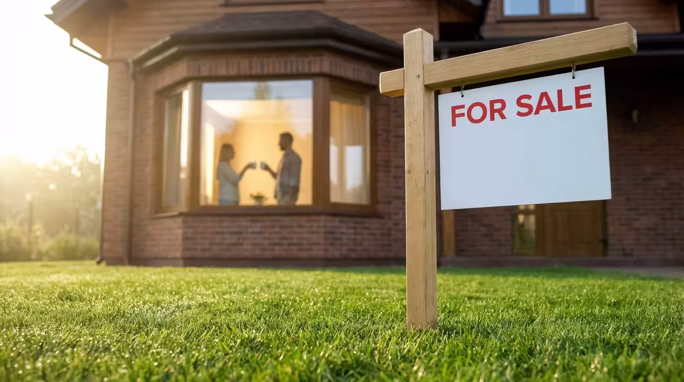 Low angle of a 'For Sale' sign in front of a home at sunrise.